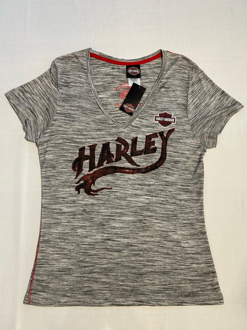 Harley Davidson Maximum Fury V-Neck T-Shirt Heathered Grey Large NWT FLAW